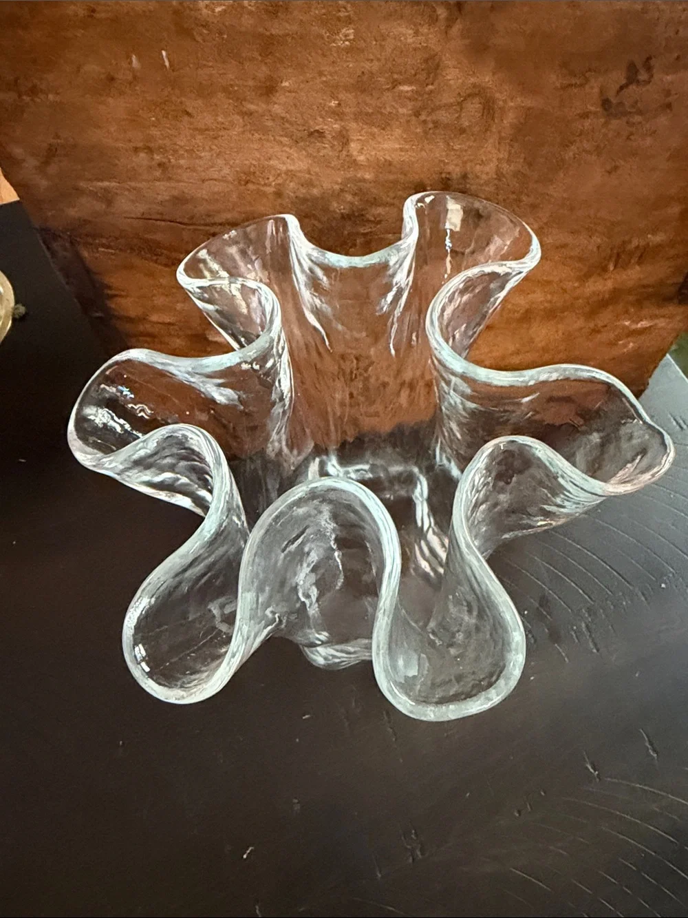 Vintage Sturdy Handmade Textured Glass Ruffled Vase - Holds flowers beautifully - Picture 3 of 13